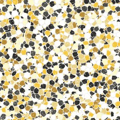 Golden Textured Dense Micro Terrazzo Seamless Repeat Vector Pattern Swatch. Thousands of random non-overlapping polygonal elements. Generative Art.  Gold, black, and white.