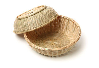 Bamboo basket hand made isolated on white background. Woven from bamboo tray.