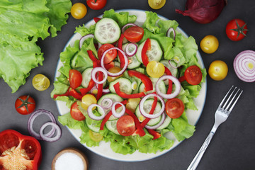A plate full of bright fresh vegetable salad