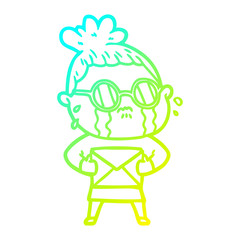 cold gradient line drawing cartoon crying woman wearing spectacles