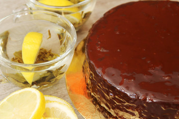 Traditional Austrian cake with green tea