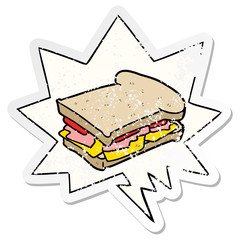 cartoon ham cheese tomato sandwich and speech bubble distressed sticker