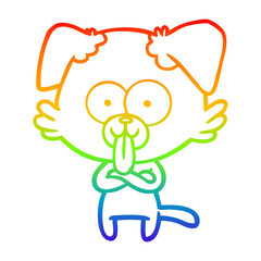 rainbow gradient line drawing cartoon dog with tongue sticking out