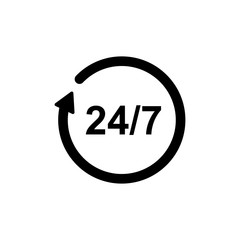 Service and support for customers around the clock and 24 hours a day and 7 days a week icon or symbol isolated on white background. Vector