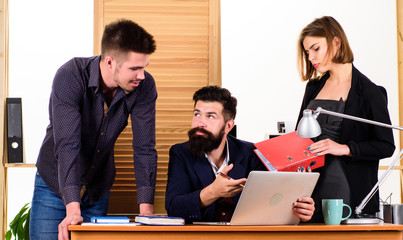 Woman attractive lady working with men colleagues. Office collective concept. Coworkers communicate solving business tasks. Working together. Working process. Business meeting. Female small minority