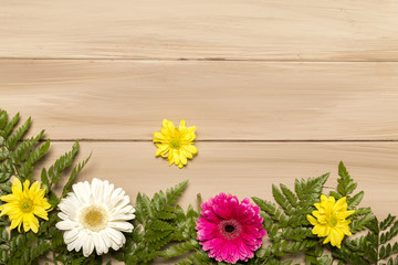 Obraz premium Floral flat lay of gerberas and ferns