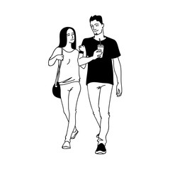 Couple of young people taking a walk together. Front view. Monochrome vector illustration of man with cup of soda and woman walking with him by the hand in simple line art style on white background.