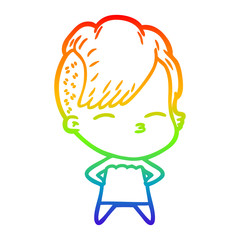 rainbow gradient line drawing cartoon squinting girl in dress