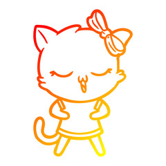 warm gradient line drawing cartoon cat with bow on head