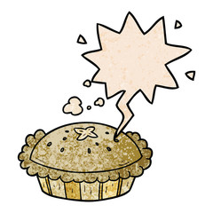 hot cartoon pie fresh out of the oven and speech bubble in retro texture style