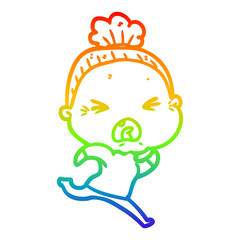 rainbow gradient line drawing cartoon angry old woman