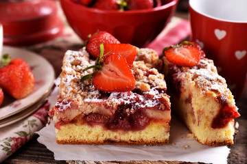 homemade strawberry cake in rustic style