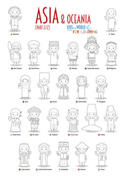 Kids and nationalities of the world vector: Asia and Oceania Set 2 of 2. Set of 24 characters for coloring dressed in different national costumes.