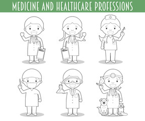 Vector Set of Medicine and Healthcare Professions for coloring in cartoon style.