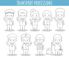 Vector Set of Transport Professions for coloring in cartoon style.