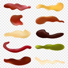 Realistic detailed different sauces isolated on transparent background. Collection with ketchup, wasabi, mustard, mayonnaise, bbq, pesto and cheese. Top view liquid sauce concept. Vector