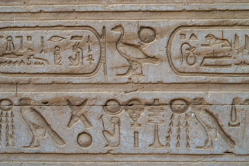 Close up of hieroglyphs at the temple in Edfu