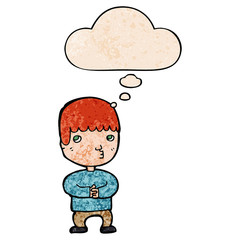 cartoon man thinking and thought bubble in grunge texture pattern style