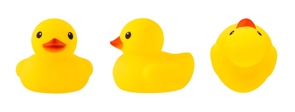 Set of front, side and top views of yellow rubber duck isolated on white background