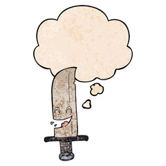 cartoon laughing knife and thought bubble in grunge texture pattern style