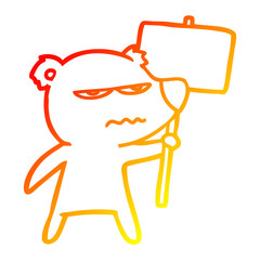 warm gradient line drawing angry bear cartoon holding placard