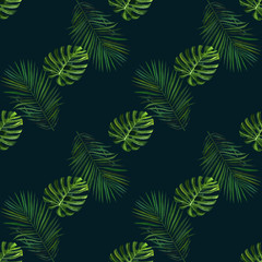 Fototapeta na wymiar Watercolor pattern with tropical green palm leaves. Seamless pattern