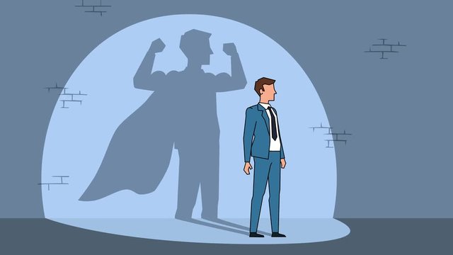 Flat cartoon businessman character with superhero shadow business concept animation
