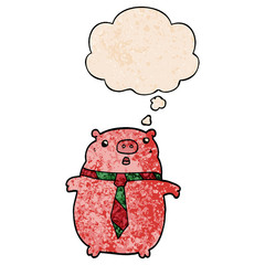 cartoon pig wearing office tie and thought bubble in grunge texture pattern style