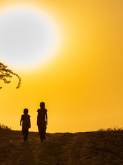 Sunset, Silhouette, Child, Children, Sky, Kids, Desert, Sun, Heat, Search, Travel, Lonely, Together