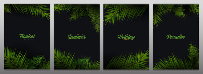 Set of Summer Tropical palm leaves. Exotic palms tree. Dark Floral Backgrounds.