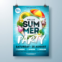 Vector Summer Party Flyer Design with Typography Letter, Sunshade and Ice Cream on Ocean Blue Background. Summer Vacation Holiday Illustration Template for Banner, Flyer, Invitation or Celebration