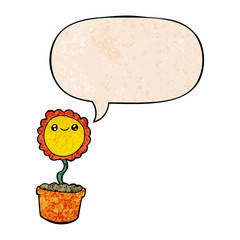 cartoon flower and speech bubble in retro texture style