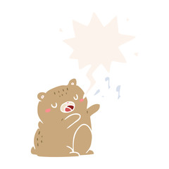 cartoon bear singing a song and speech bubble in retro style