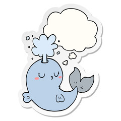 cartoon whale spouting water and thought bubble as a printed sticker
