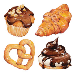 Watercolor hand painted pastries collection. Sketch set of dessert. Pastry sweets collection: doughnuts, candies, croissants, muffins and macaroons.