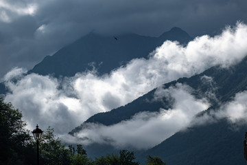Highest mountain. Clouds in the mountains. Cloudy weather. No people. panorama. Wildlife.