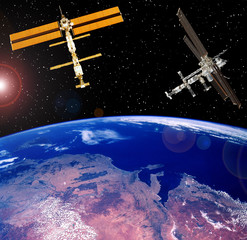 Space station. Spaceships above the earth. The elements of this image furnished by NASA.
