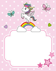 Unicorn on top of a rainbow. Frame with space for text or photo