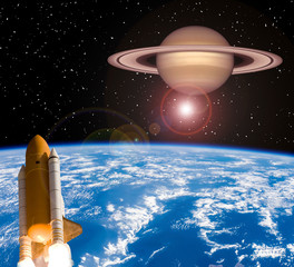 Rocket and saturn above earth. Outer space. The elements of this image furnished by NASA.