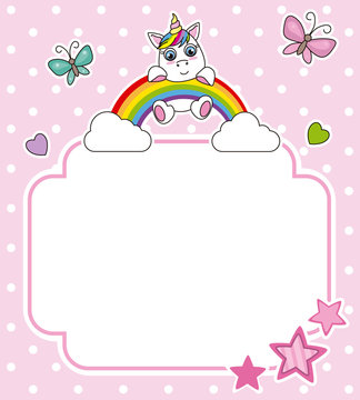 Unicorn on top of a rainbow. Frame with space for text or photo