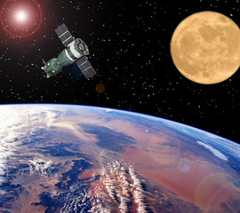 Spaceship and moon. Earth on the backdrop. The elements of this image furnished by NASA.