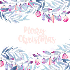 Card template with watercolor winter blue braches and toys, hand drawn on a white background, greeting Christmas card design © nastyasklyarova