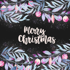 Card template with watercolor winter blue braches and toys, hand drawn on a dark background, greeting Christmas card design © nastyasklyarova
