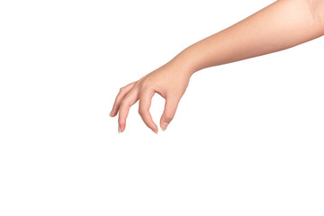 Young woman hand picking something isolated on white background.