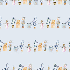Seamless pattern of watercolor scandinavian winter elements, hand drawn on a blue background