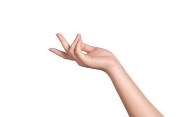 Woman hand gestering and showing isolated on white background.