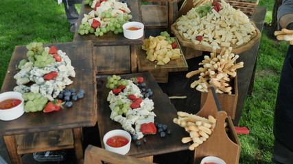 Assorted snacks for French wine made from several types of organic cheese, natural nuts, berries and gleb sticks on a wooden background. Concept of wholesome food