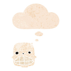 cartoon skull and thought bubble in retro textured style