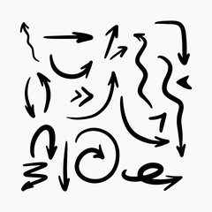 Hand drawn arrow set, collection of black direction pencil sketch symbols