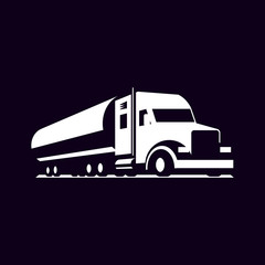 Vector truck logo. Emblem, banner, logotype of the logistics center, delivery, freight, heavy cargo. Black and white color. Monochrome style.